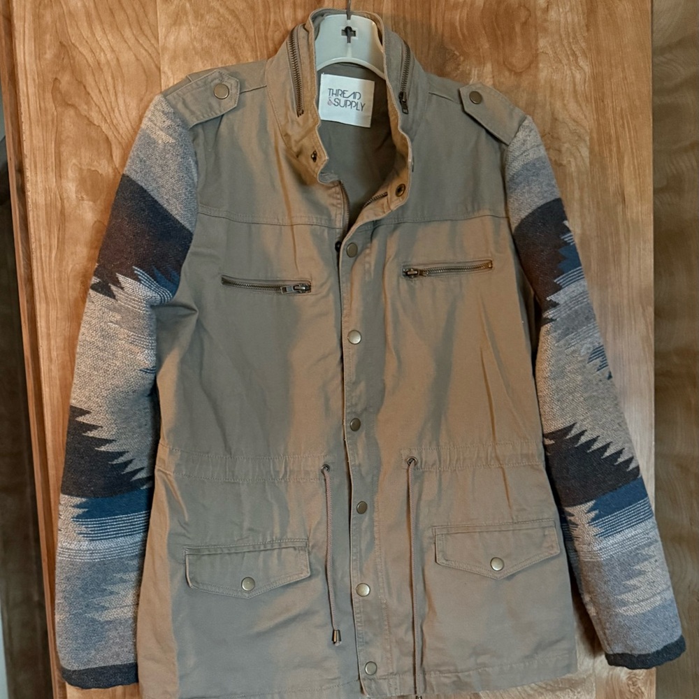 Thread & Supply Tan Jacket with Blue Patterned Sleeves